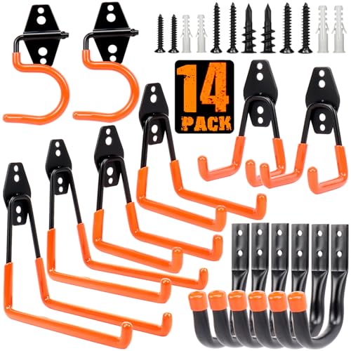 TocTen Garage Hooks, 14 Pack Garage Storage Hook Heavy Duty Solid Steel Wall Hooks, Wall Mount Storage Hook Kit with Anti-Slip Coating Ladder Hooks for Hanging Garden Tools Chair Hose Ropes (Orange) - color: Orange