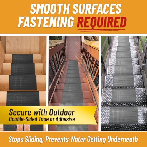 Ottomanson Bullnose Stair Treads Outdoor – Grid Heavy-Duty Non-Slip Stair Mats – Best Grip on Concrete, Brick & Textured Step – Fastening Required for Wooden & RV Steps, Pack of 5 - color: Black Square Grid - Bullnose