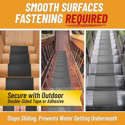 Ottomanson Bullnose Stair Treads Outdoor – Grid Heavy-Duty Non-Slip Stair Mats – Best Grip on Concrete, Brick & Textured Step – Fastening Required for Wooden & RV Steps, Pack of 5 - color: Black Square Grid - Bullnose
