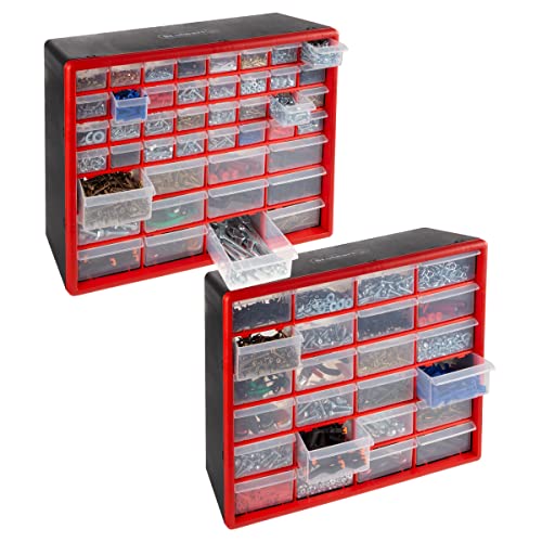 Set of Two Storage Bins with Drawers – Pair of 44 and 24 Drawer Desktop or Wall Mount Plastic Tool Organizers for Hardware or Crafts by Stalwart (Red) - style: 44 and 24 Drawers