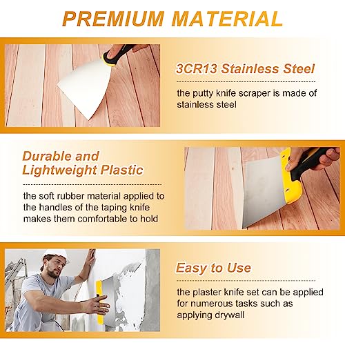 Lasnten 9 Pcs Drywall Knife and Drywall Corner Tool Set Includes Paint Scraper Knives Inside Outside Stainless Steel Corner Trowel, 16" Mud Pan Mixer with Soft Grip Handle for Wallpaper