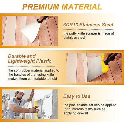 Lasnten 9 Pcs Drywall Knife and Drywall Corner Tool Set Includes Paint Scraper Knives Inside Outside Stainless Steel Corner Trowel, 16" Mud Pan Mixer with Soft Grip Handle for Wallpaper