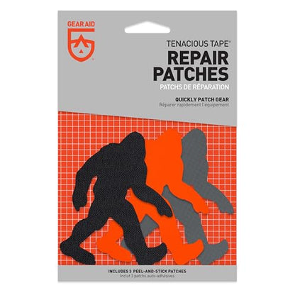 GEAR AID Tenacious Tape Repair Patches – Peel-and-Stick Nylon Gear Patches for Jackets, Tents, Sleeping Bags, Backpacks, and Outdoor Gear – Fix Rips, Tears, and Holes,3 Patches, Sasquatch - style: Sasquatch Patches (3 Patches)