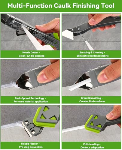 7 in 1 Caulking Tool, Caulk Remover Tool Kit with 5 Pcs Replaceable Silicone Pads, Grout Removal, Scraper for Bathroom, Kitchen and Window Sealant Trimming (7) - size: 7