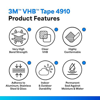 3M VHB 4910 Heavy Duty Mounting Tape - 0.75 in. x 15 ft. Transparent Double Sided Tape Roll. Tapes and Adhesives