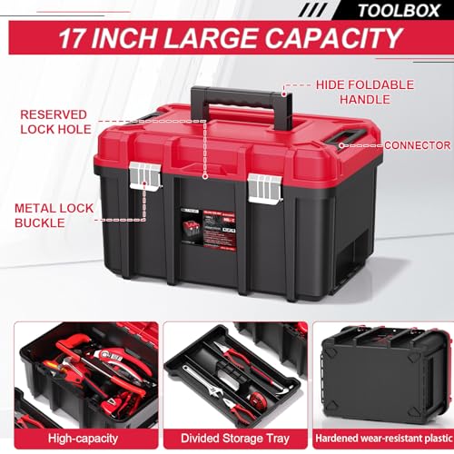 3-in-1 Rolling Tool Box with Wheels,Stackable Modular Tool Organizer System,17" Portable Waterproof Toolbox on Wheels for Garage,Mechanics and Home Repair (Red-Black)