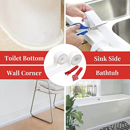 SNAILGARDEN 2 Roll White Caulk Strip, 1.5" x 10.5Ft Self Adhesive Caulk Tape with 2 Pcs Caulking Tool, Waterproof Caulking Sealing Tape for Kitchen Toilet Bathroom Bathtub Sink Basin Edge Protector