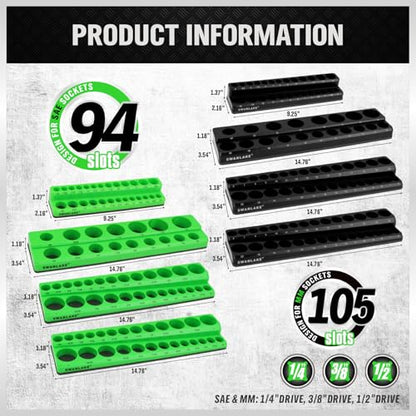 Magnetic Socket Organizer Holder Tool: 8PCS Set includes 2PCS 1/4", 4PCS 3/8", 2PCS 1/2" Drive Socket Storage Trays Toolboxs, Holding 199 Slots Soft Rubber Covering Black Green (sockets not included) - style: 8PCS Green/Black