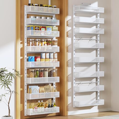 Pantry Door Organizers and Storage, 8-Tier Large Metal Heavy-Duty Frame Over the Door Spice Rack, 2 in 1 Wall-Mounted or Hanging shelf for Kitchen, Bathroom, Laundry Room, Bedroom, Closet &Nursery - color: White, size: 17.12"W-8 tier