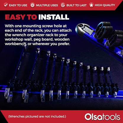 Olsa Tools Wall Mount Wrench Organizer - Rotating Clip Rack for 14 Wrenches - Blue Anodized Aluminum with Black Clips - Space Saving Tool Holder - Professional Grade Storage Solution - Part: 1029 - style: Blue Aluminum + Black Clips