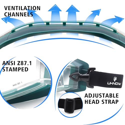 UKNOW Safety Goggles Over Glasses - Anti-Fog Clear Lens - ANSI Z87.1 Certified Eye Protection for Lab Work, Industrial Use - color: Teal