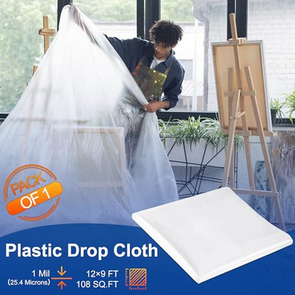 Plastic Drop Cloth - 1Mil Thick, 9x12 Ft, Thickened Painter's Sheet for Painting, Furniture, Walls, and Floor Protection - size: 1mil-1Pack