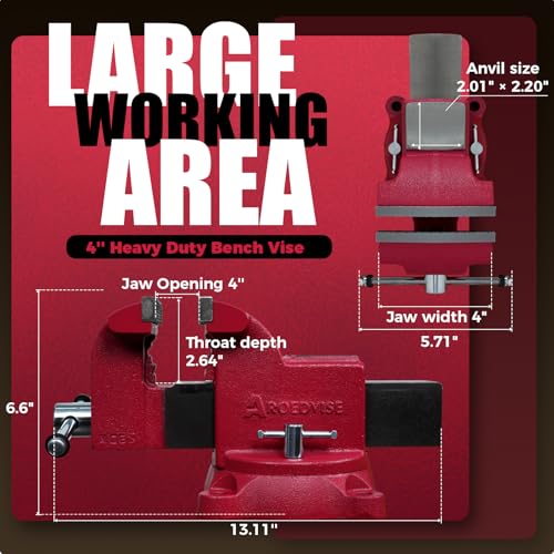 4" Heavy-Duty Bench Vise, 4" Jaw Width & Opening, 6615 lbs Clamping Force, 60,000 PSI Ductile Iron Vise with 360° Swivel Base, Anvil & Pipe Jaws for Metalworking, Woodworking & DIY (RS40) - size: 4In