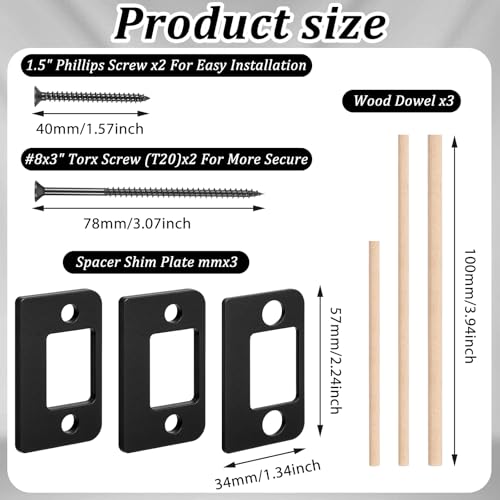 Door Strike Plate, 3 Thickness Sizes Standard Door Strike Spacer Shim Plates Stainless Steel Door-Gap Blocker Kit Doors Latch Plate with 3 Wood Dowel Strips and 4 Adapter Screw for Doors Frame Repair