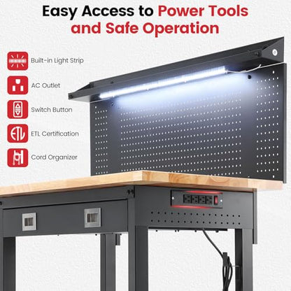 ENJOYWOOD 60" x 22" Heavy Duty Workbench Adjustable Height Garage Work Table with Solid Rubberwood Top, Wheels, Drawers, Pegboards & Power Outlets for Workshop, Home & Office - size: 60 Inch