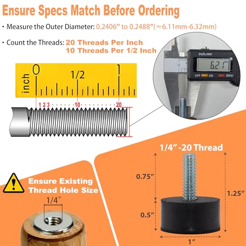 NEWBYTEK 1/4-20 Rubber Adjustable Furniture Leveler，12 Pack Leveling Feet Screws in Threaded, Feet Levelers Screw On Furniture Glide Leveling for Table, Chair, Furniture Legs - size: 1/4"-20 No Nuts, 12pcs