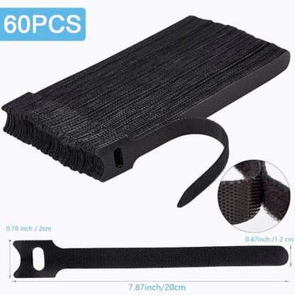 Nettbe Reusable Cable Ties, 60 PCS 8 Inches Adjustable Cord Straps Wire Organizer Cord Wrap and Hook Loop Cable Management - size: 8inches-60pcs