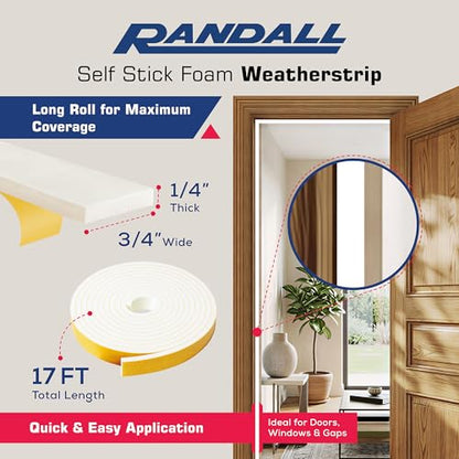 Weather Stripping Foam Tape, 17 Ft Door Seal Strip, EVA Material, High Density 1/4" Thick, No Residue Adhesive, Weatherproof Door Seal Strip for Sliding Door, Windows, White (3/4" Wide) - size: 3/4" Wide
