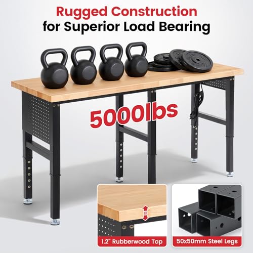 ENJOYWOOD 72" x 24" Heavy Duty Workbench Adjustable Height Garage Work Table with Solid Rubberwood Top, Extended Pegboards & Power Outlets for Workshop, Home & Office - size: 72 Inch
