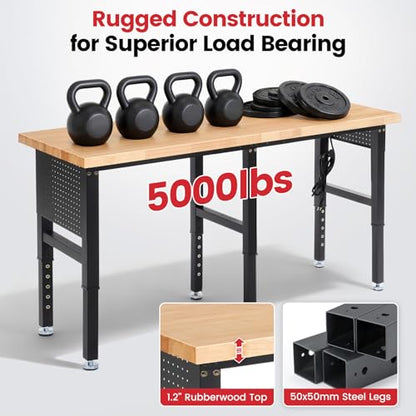 ENJOYWOOD 72" x 24" Heavy Duty Workbench Adjustable Height Garage Work Table with Solid Rubberwood Top, Extended Pegboards & Power Outlets for Workshop, Home & Office - size: 72 Inch