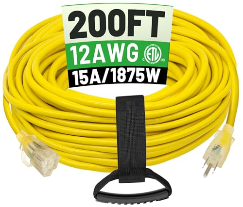 POWGRN 200 ft 12/3 Outdoor Extension Cord Waterproof Heavy Duty with Lighted End 12 Gauge 3 Prong, Flexible Cold-Resistant Long Power Cord Outside, 15Amp 1875W SJTW Yellow ETL Listed - color: Yellow, size: 200 FT