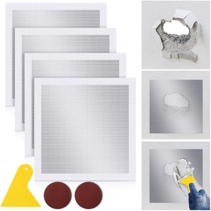 Yaocom 4 Pcs 12x12 Inch Drywall Repair Kit Self Adhesive Mesh Drywall Repair Patch Set with Sanding Pads and Scraper Heavy Duty Metal Aluminum Dry Hole Patch Tools for Large Hole Wall Ceiling Tool - size: 12 x12"