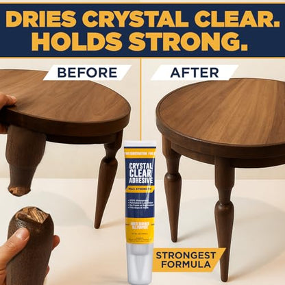 [2-Pack] Clear Construction Adhesive, Max Strength — 2.5 oz Crystal Clear Fast-Drying Waterproof Glue & Sealer for Wood, Tile, Metal, Concrete, Glass & More, Multi-Surface DIY Repair, American Owned