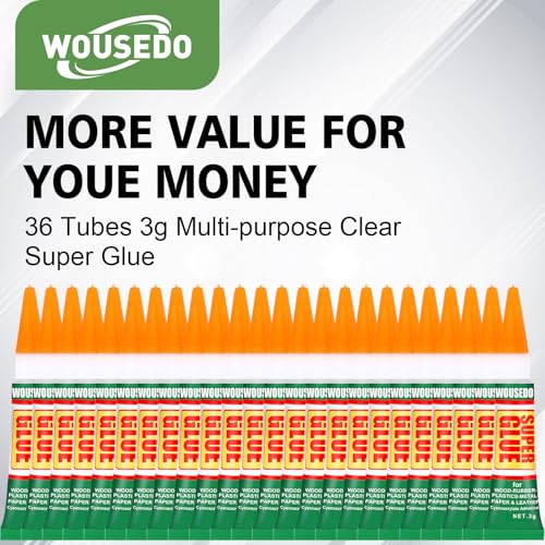 WOUSEDO 36 X 3g Super Glue Clear, Strong Adhesive,Super Glue Fast Drying Cyanoacrylate Glue for Wood,Rubber,Leather, Plastic, Metal, Rhinestone Jewelry, DIY Crafts and More - color: 36 X 3g