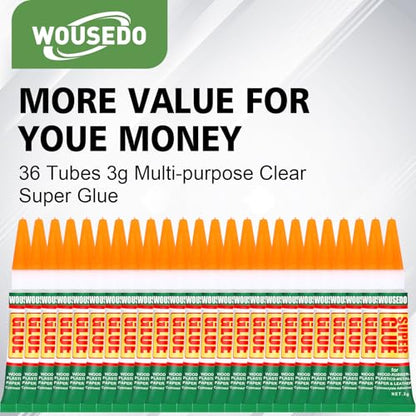WOUSEDO 36 X 3g Super Glue Clear, Strong Adhesive,Super Glue Fast Drying Cyanoacrylate Glue for Wood,Rubber,Leather, Plastic, Metal, Rhinestone Jewelry, DIY Crafts and More - color: 36 X 3g