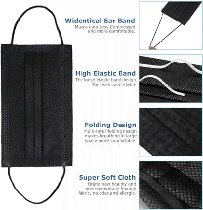 100 Pack Medical Grade Black Disposable Face Masks-Protective 3 Ply Face Mask for Adults, Comfortable,Soft, Breathable