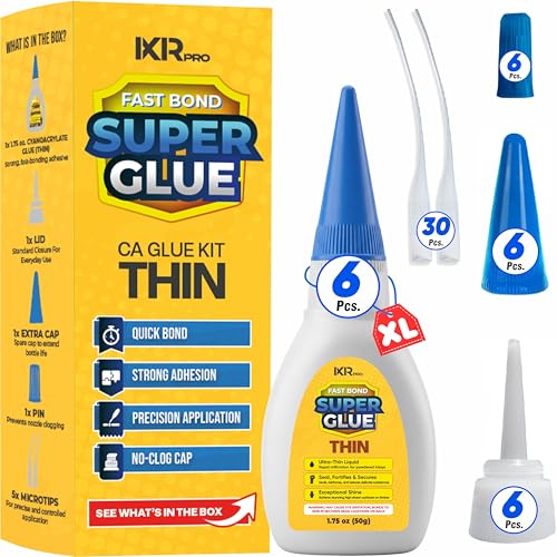 CA Glue Thin Viscosity Kit (6x1.75 oz.) Cyanoacrylate Glue, Super Glue for Precision Repairs, Wood, Plastic, Model Building, Crafts, and 3D Printing, Fast-Drying Adhesive for Tight Spaces and Cracks - size: 6 Pack, style: Thin CA Glue