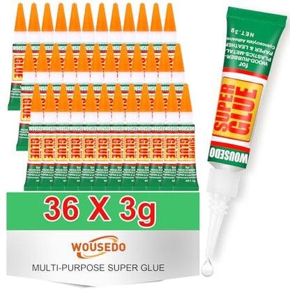 WOUSEDO 36 X 3g Super Glue Clear, Strong Adhesive,Super Glue Fast Drying Cyanoacrylate Glue for Wood,Rubber,Leather, Plastic, Metal, Rhinestone Jewelry, DIY Crafts and More - color: 36 X 3g