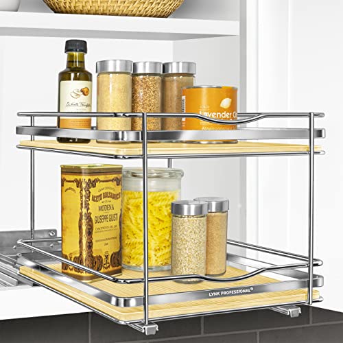 LYNK PROFESSIONAL® Élite™ Pull Out Spice Organization for Cabinets - 10-3/8 inch Wide – Spice Rack for Inside Cabinets – Wood/Chrome - Sliding Spice Rack Organizer for cabinet – Spice Rack - 2 Tier - color: Wood, size: 10-1/4" - 2 Tier
