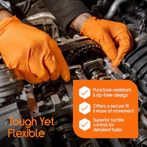 Inspire Heavy Duty Orange Nitrile Gloves | ULTRA 8 Mil Diamond Textured Grip | Industrial Mechanic Disposable Cleaning Gloves - size: Small