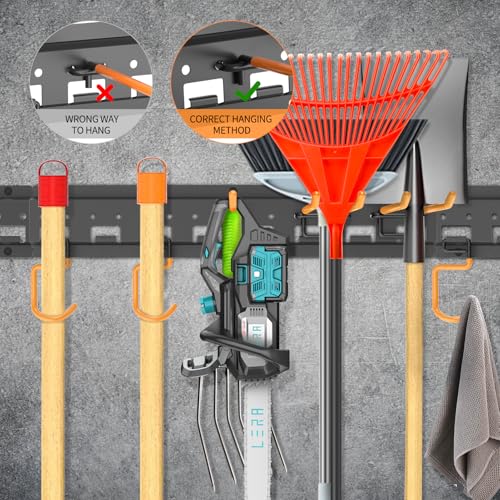 Garden Tool Organizer Wall Mount - Garage Storage and Organization Yard Tool Hanger with Adjustable Pegboard Hooks Shed Rack for Broom Mop Shovel Rake Trimmers, 64 inch Max 750lbs, Black - size: 64 Inch