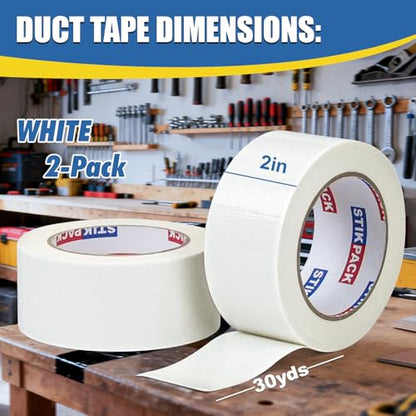 2 Pack Duct Tape Heavy Duty, White Tape 2 Inches x 30 Yards, 8.27 mil, Strong Industrial Strength, Flexible, No Residue, Waterproof and Tear by Hand, Multi-Use for Indoor & Outdoor Repairs - color: White