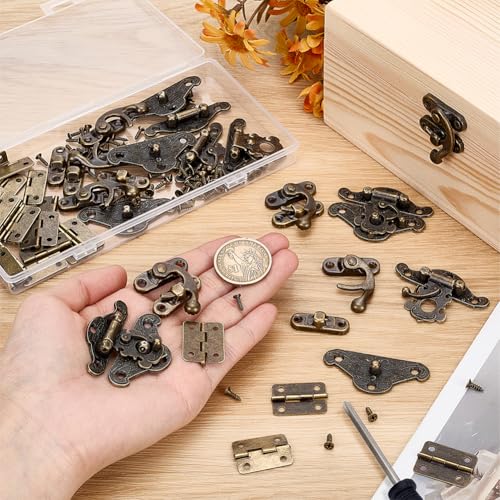 PH PandaHall 36pcs Retro Jewelry Box Hinges and Latches Hardware Box Lock Kit Antique Right Latch Hasp Hooks Set with Screws and Screwdriver for DIY Jewelry Cabinet Furniture (Catch*12 + Hinges*24)