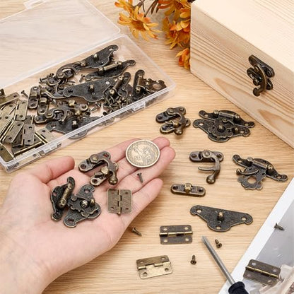 PH PandaHall 36pcs Retro Jewelry Box Hinges and Latches Hardware Box Lock Kit Antique Right Latch Hasp Hooks Set with Screws and Screwdriver for DIY Jewelry Cabinet Furniture (Catch*12 + Hinges*24)