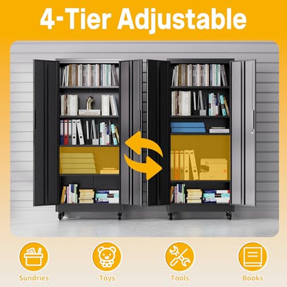 Metal Storage Cabinet with Wheels, 74.5" Garage Storage Cabinet with 4 Adjustable Shelves & Lockable Doors, Heavy Duty Garage Cabinets for Office, Home, Garage, Gym, School - size: 74.5"H x 15.75"D x 31.5"W