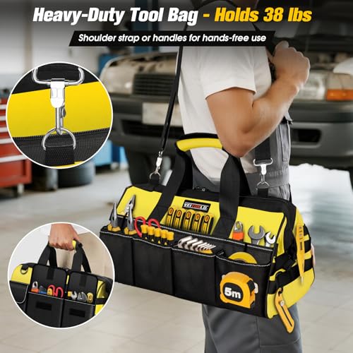 16-Inch Heavy Duty Tool Bag, 19-Pockets Tool Box Organizer, Portable Toolbag W/Soft Handle for Organized Storage, Mechanic Gifts for Men Dad Husband Fathers Day, Wide Mouth Electrician Toolbox, Yellow - style: Handle-Yellow