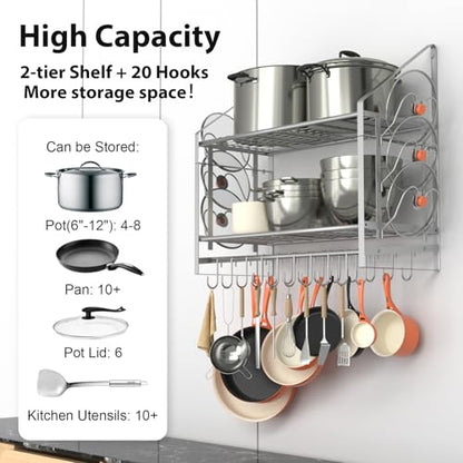 VyGrow 28 Inch Pot Rack Wall Mounted, 2 Tier Pots and Pans Organizer with 20 Hooks and 6 Pot Lid Holders, Heavy Duty Steel Pot and Pan Hanger for Kitchen Cookware Utensils Storage, Silver - color: 28"W 2 Tier Silver