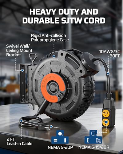 DEWENWILS 20Amp Retractable Extension Cord Reel, 30FT 2500W Heavy Duty Power Cord Reel, 10AWG/3C SJTW Industrial Cable, 4 Grounded Outlets, 180° Swivel Bracket for Garage Workshop Construction Site - style: 10AWG/3C 30FT