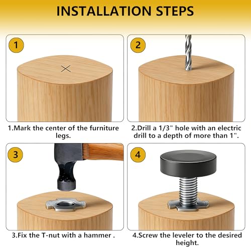 12 Pack 1/4"-20 UNC Furniture Leveling Feet, Adjustable Heavy Duty Leg Levelers for Tables, Chairs, Cabinets & Shelving Units - Screw-in Glides Replacement for Uneven Floors - size: 12x1/4"-with Nuts