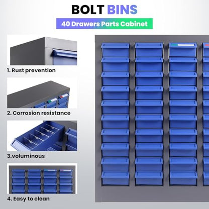 40 Drawers Industrial Nut and Bolt Organizer, Parts Cabinet with 200 Dividers & 80 Label Slots, ABS Drawers Multi-Use Bolt Bins Hardware Organizer System for Workshop, Warehouse and Office - style: 40 Drawers