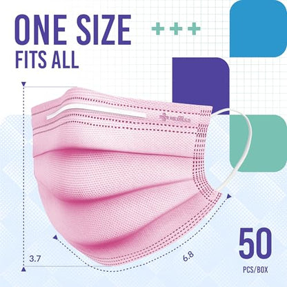 Medtecs Face Mask Disposable – Available in 50 & 2,000 pcs – ASTM Level 1, 3-Ply Breathable, Soft Fit – Adult Size – Ideal for Commuting & Daily Wear - color: 09. Pink, size: Adult - 50PC