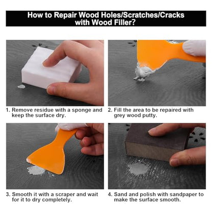 Gray Wood Filler Repair Kit - Paintable, Stainable Wood Putty for Restore Cracks and Holes on Wooden Floor Furniture, Vinyl, Laminate, Veneer, Cabinet