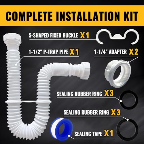 VIVIDA Flexible Sink Drain Pipe, 1-1/2" Expandable Flexible P Trap Drain Pipe, 11"-31.5" Sink P Trap for Bathroom & Kitchen, 1-1/4" Adapter Included, White, 1 PACK - color: White, size: 11" to 31.5"