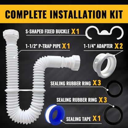 VIVIDA Flexible Sink Drain Pipe, 1-1/2" Expandable Flexible P Trap Drain Pipe, 11"-31.5" Sink P Trap for Bathroom & Kitchen, 1-1/4" Adapter Included, White, 1 PACK - color: White, size: 11" to 31.5"