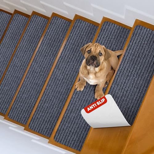 MBIGM 8" x 30" Non Slip Carpet Stair Treads Indoor (4 Pack), Non Skid Stair Rugs for Stairs, Slip Resistant Stair Runner for Kids, Seniors & Pets, Reusable Adhesive, Gray - color: Grey, size: 8" X 30" - 4 Pcs