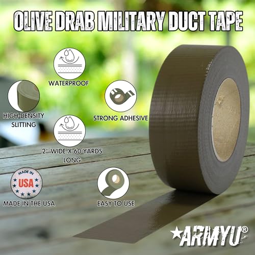 ARMYU Olive Drab Military Duct Tape AKA 100 Mile an Hour Tape, 9 mil Thick, 2" x 60 Yards US Made